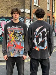 Vintage washed long sleeve t-shirt with retro graphic print and geometric back letter design.