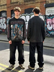 Vintage washed long sleeve t-shirt with graphic print streetwear loose fit men women black