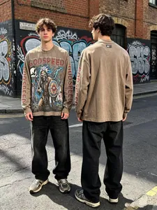 Vintage washed long sleeve t-shirt with skeleton graphic and street graffiti background.