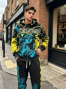 Vintage washed zip hoodie and sweatpants set with graphic statue liberty print street style