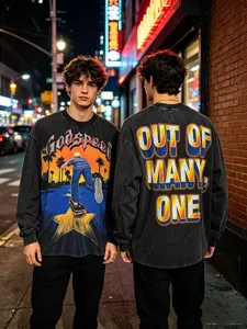 Vintage washed black long sleeve t-shirt with streetwear graphic print and relaxed fit.