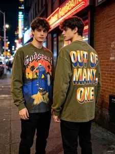Washed distressed long-sleeve T-shirt with graphic print for streetwear style men women.