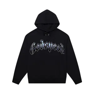Detailed view of black hoodie featuring gothic Godspeed typography and a comfortable loose fit.