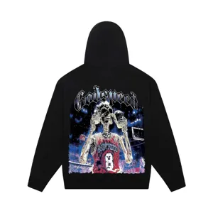 Men's streetwear black hoodie with gothic skeleton and basketball graphic design detail.