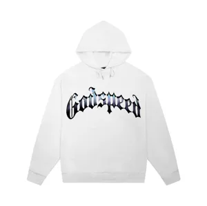 Casual streetwear hooded sweatshirt with gothic letter print, loose fit unisex hoodie.