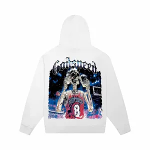 Detailed view of white streetwear hooded sweatshirt featuring a bold skeleton basketball graphic.