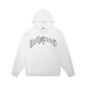 White long sleeve hooded sweatshirt featuring gothic letter print streetwear style hoodie.