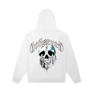 Detailed view of white hooded sweatshirt with gothic Godspeed and skull city back print.