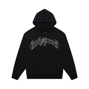 Black gothic letter print hoodie for men and women, casual streetwear oversized sweatshirt.
