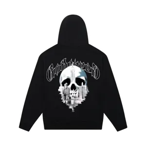 Men's women's black streetwear hoodie with gothic skull and city graphic print pullovers.