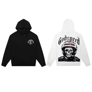 Casual loose fit hooded sweatshirt featuring cool motorcycle skull graphic print for streetwear style.