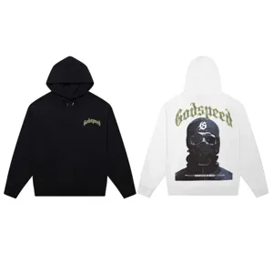 Oversized streetwear hoodie with skull graphic and letter print for men and women, casual style.
