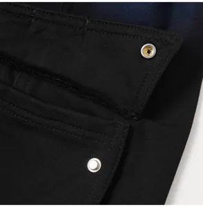 Detailed view of casual denim shorts pocket with metal snap button design, high quality fabric.