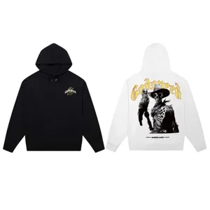 Detailed view of high street graphic hoodie featuring skull eagle print and Godspeed text.