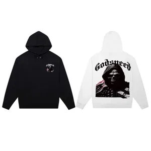 Casual streetwear graphic hoodie featuring skull print and Godspeed lettering on front.