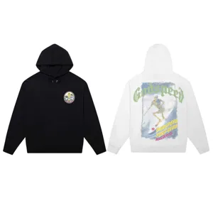 Detailed view of streetwear hooded sweatshirt featuring skeleton surfing print and Godspeed text.