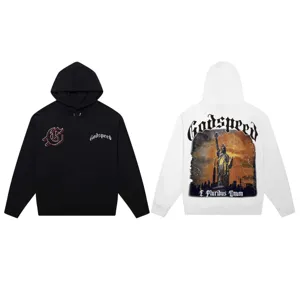 Detailed view of the streetwear graphic hoodie featuring chest logo and back print.