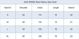 God speed short sleeve t-shirt size chart, comfortable casual wear measurement guide.