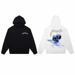 Streetwear hooded sweatshirt with skull graphic print, casual hip hop fashion loose hoodie top.