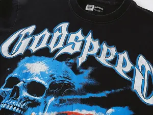 Vintage heavy cotton black graphic t-shirt with skull and letter print for street style.