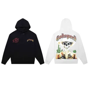 Detailed view of the streetwear hoodie featuring bold back skull graphic and chest prints.