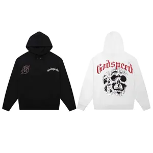 Unisex streetwear oversized hooded sweatshirt with gothic letter print and skull graphic.
