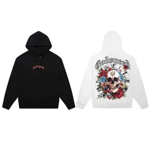Detailed view of casual streetwear hooded sweatshirt with gothic skull and floral back graphic.