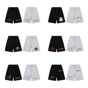 Hommes Femmes High Street Casual Shorts Été Coton Ample Droit Pantalon Cinq Points Impression de Lettres Tête de Mort Cordon