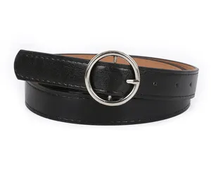 Women's casual black leather belt with silver round metal buckle versatile daily jeans accessory