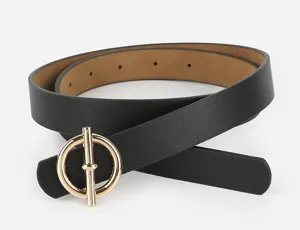 Black PU leather women's belt with stylish gold round buckle casual fashion accessory