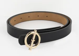 Women black PU leather belt with stylish gold round T-bar buckle casual accessory