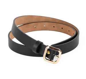 Women fashion PU leather belt with gold tone metal square buckle for casual jeans wear.