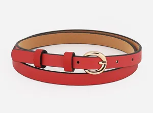 Roter schmaler Damen Ledergürtel mit elegantem runden Gold Schnalle stilvolles Mode Accessoire