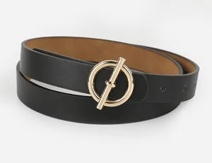 Details of women black PU leather belt featuring a golden round T-bar metal buckle design.