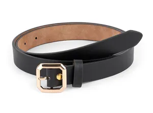 Detail view of black pu leather belt with geometric gold buckle, simple fashion accessory.