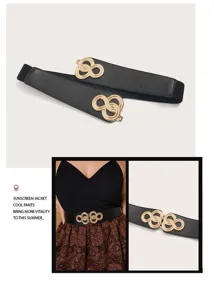 Detailaufnahme eines breiten Damen-Gummigürtels mit goldener Metallschließe zur Taillierung.