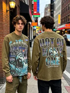 Detailed view of vintage washed long sleeve t-shirt with graphic print and streetwear style.