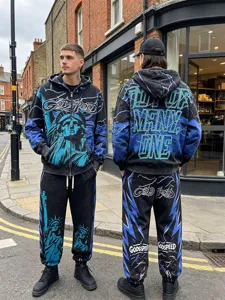 Men's casual streetwear acid wash zip hoodie and sweatpants tracksuit set with print.