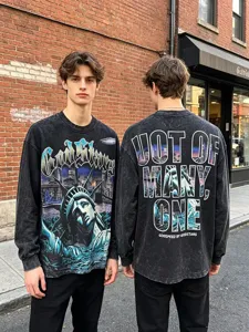 Vintage washed long sleeve T-shirt with graphic print, oversized streetwear style for daily wear.