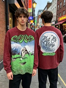 Vintage washed graphic long sleeve t-shirt featuring retro golf skeleton streetwear design.