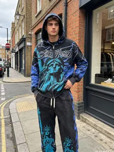 Streetwear zip hoodie and sweatpants set with Statue of Liberty print for men and women