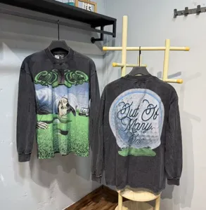 Vintage washed long sleeve t-shirt with graphic print for men and women, streetwear.