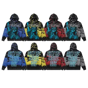 Streetwear zip-up hoodie featuring Statue of Liberty graphic and bold back letter print.