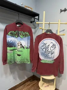 Washed distressed long sleeve T-shirt with graphic print for men and women streetwear fashion