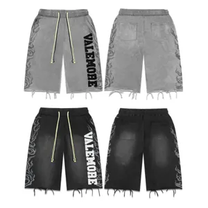 Short Décontracté High Street en Coton Délavé pour Hommes Bords Francs Lettre Brodée Imprimé Flamme Short Droit Large Unisexe