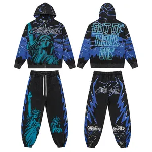 Unisex high streetwear zip hoodie and sweatpants set with blue lightning print style.