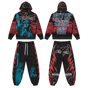 Unisex streetwear tracksuit set featuring zip hoodie and sweatpants with Liberty graphic.