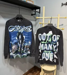Vintage washed long sleeve t-shirt with edgy graphic print, streetwear style for men and women.