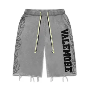 Short décontracté streetwear lavé gris avec broderie de lettres Valemore et franges.