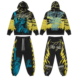 Men's streetwear tracksuit set, black zip hoodie and jogger pants with lightning print.